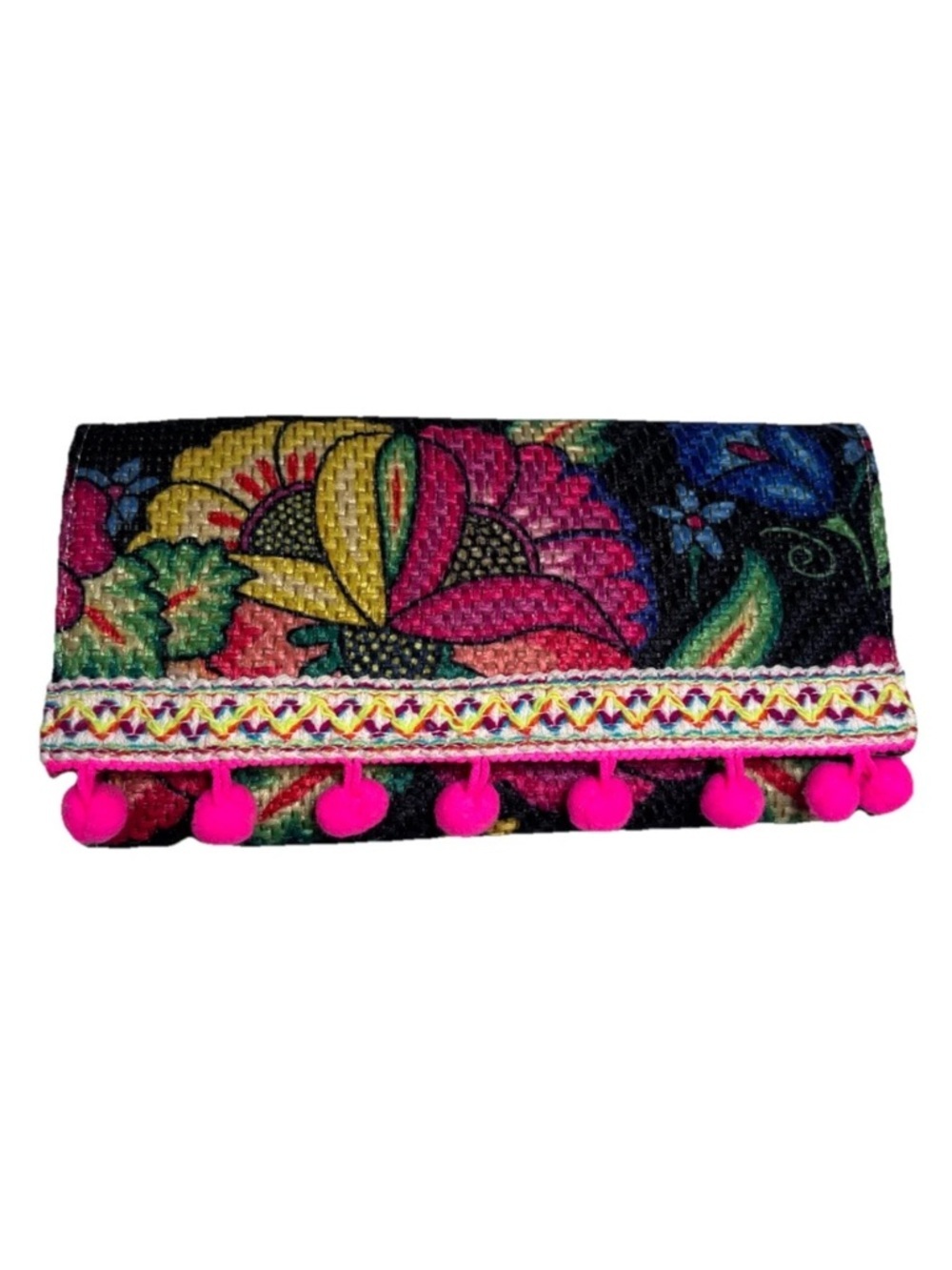 Embroidered Style Floral Clutch with Pink Pom-Pom Trim - Black